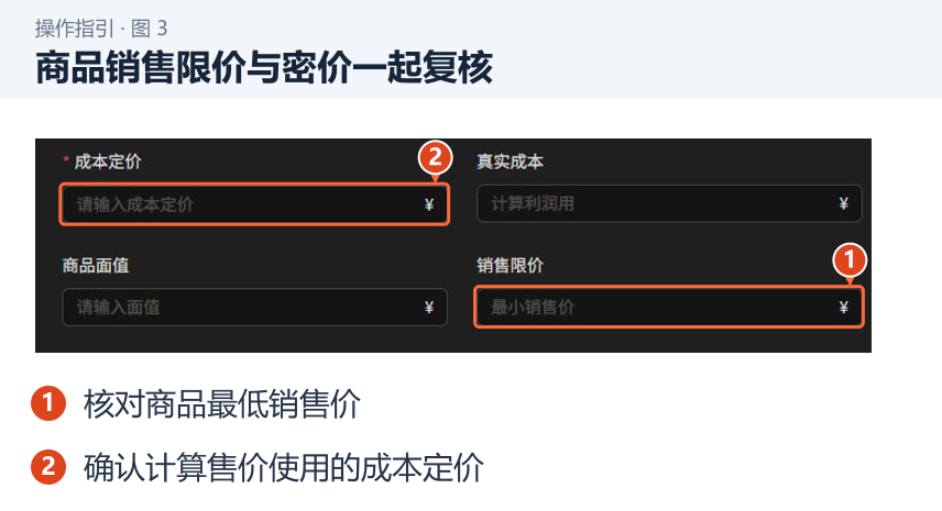 商品销售限价与密价一起复核 图 3:商品销售限价与密价一起复核。1.核对商品最低销售价;2.确认计算售价使用的成本定价。
