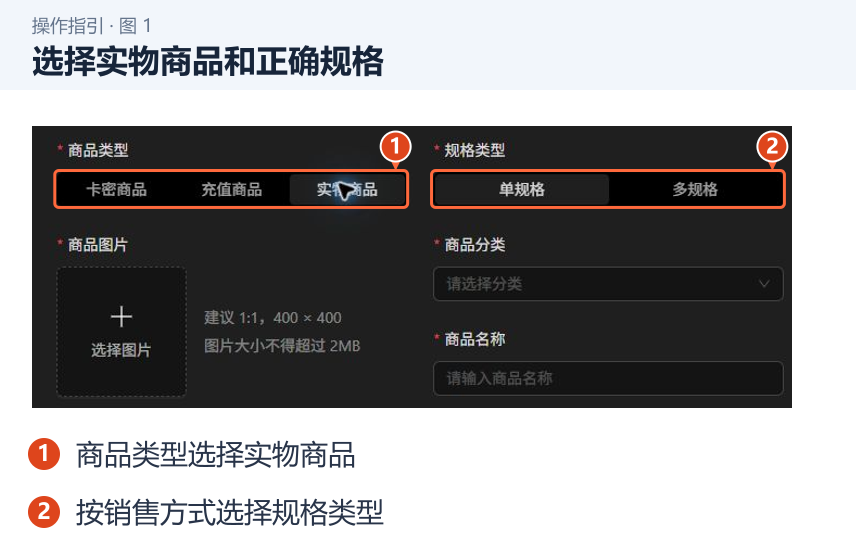 选择实物商品和正确规格 图 1:选择实物商品和正确规格。1.商品类型选择实物商品;2.按销售方式选择规格类型。