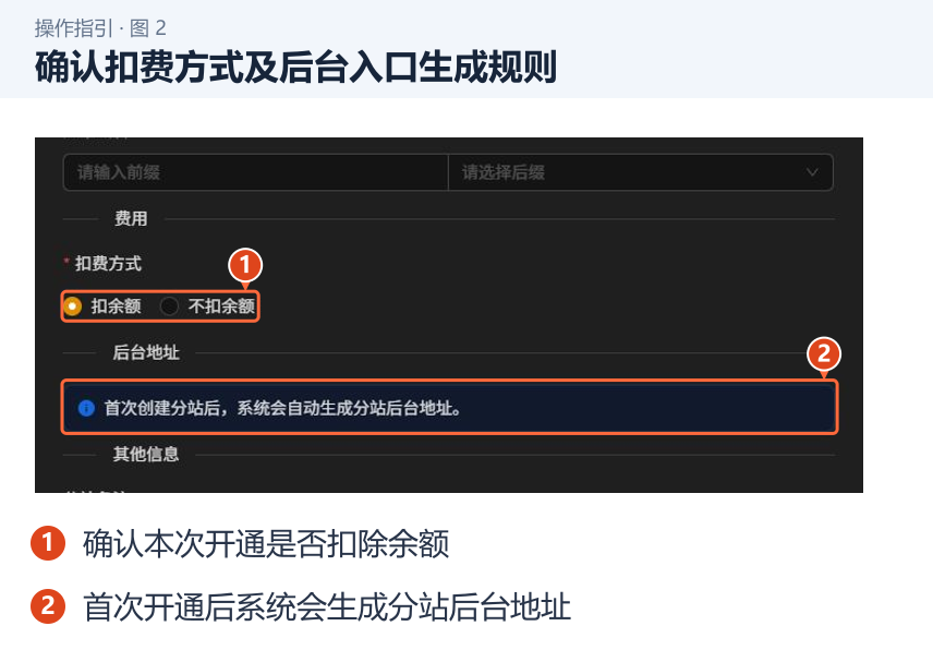 确认扣费方式及后台入口生成规则 图 2:确认扣费方式及后台入口生成规则。1.确认本次开通是否扣除余额;2.首次开通后系统会生成分站后台地址。