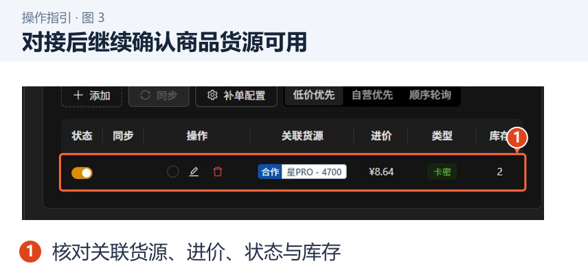 对接后继续确认商品货源可用 图 3:对接后继续确认商品货源可用。1.核对关联货源、进价、状态与库存。
