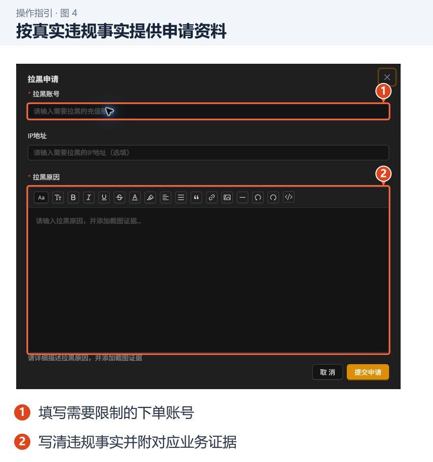 按真实违规事实提供申请资料 图 4:按真实违规事实提供申请资料。1.填写需要限制的下单账号;2.写清违规事实并附对应业务证据。