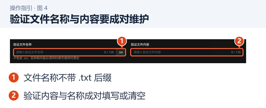 验证文件名称与内容要成对维护 图 4:验证文件名称与内容要成对维护。1.文件名称不带 .txt 后缀;2.验证内容与名称成对填写或清空。